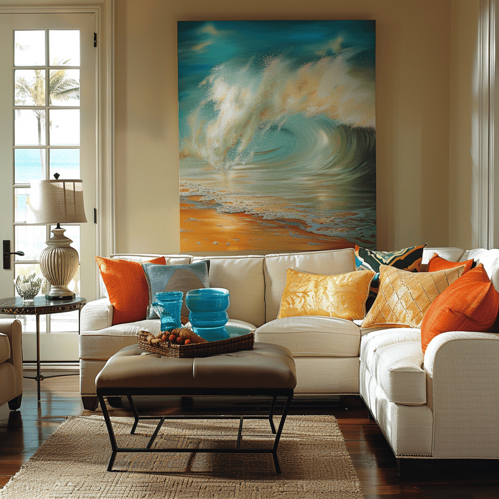 seaside living space bright colors like crashing waves