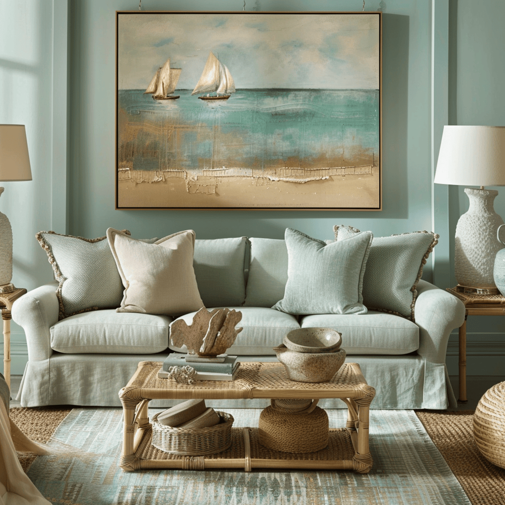 tranquil pale seafoam green tones throughout peaceful seaside bedroom living