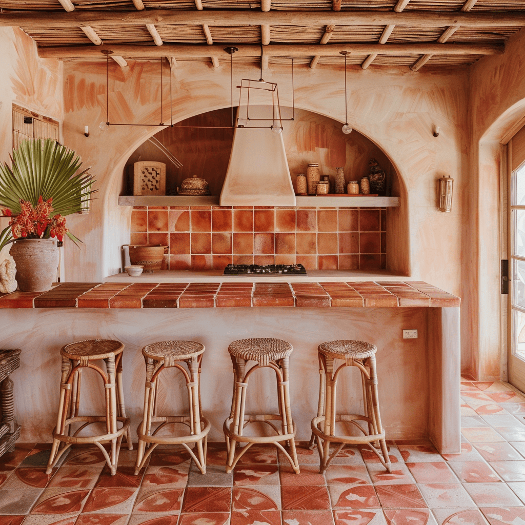 warm muted terra cotta tones in beach house kitchen living bar