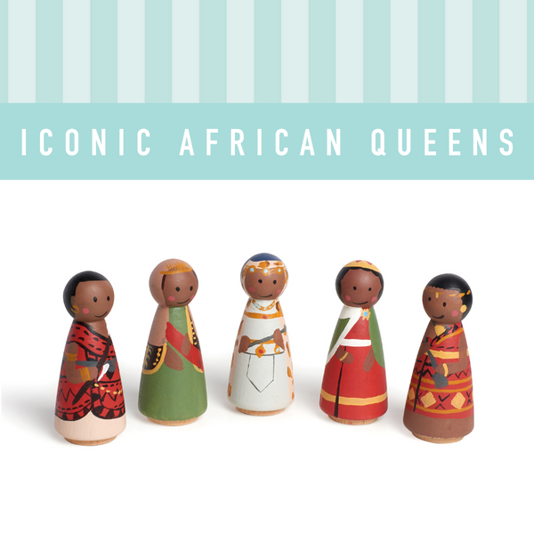 Five Iconic African Queens Hand-Painted Wooden Peg Doll Set