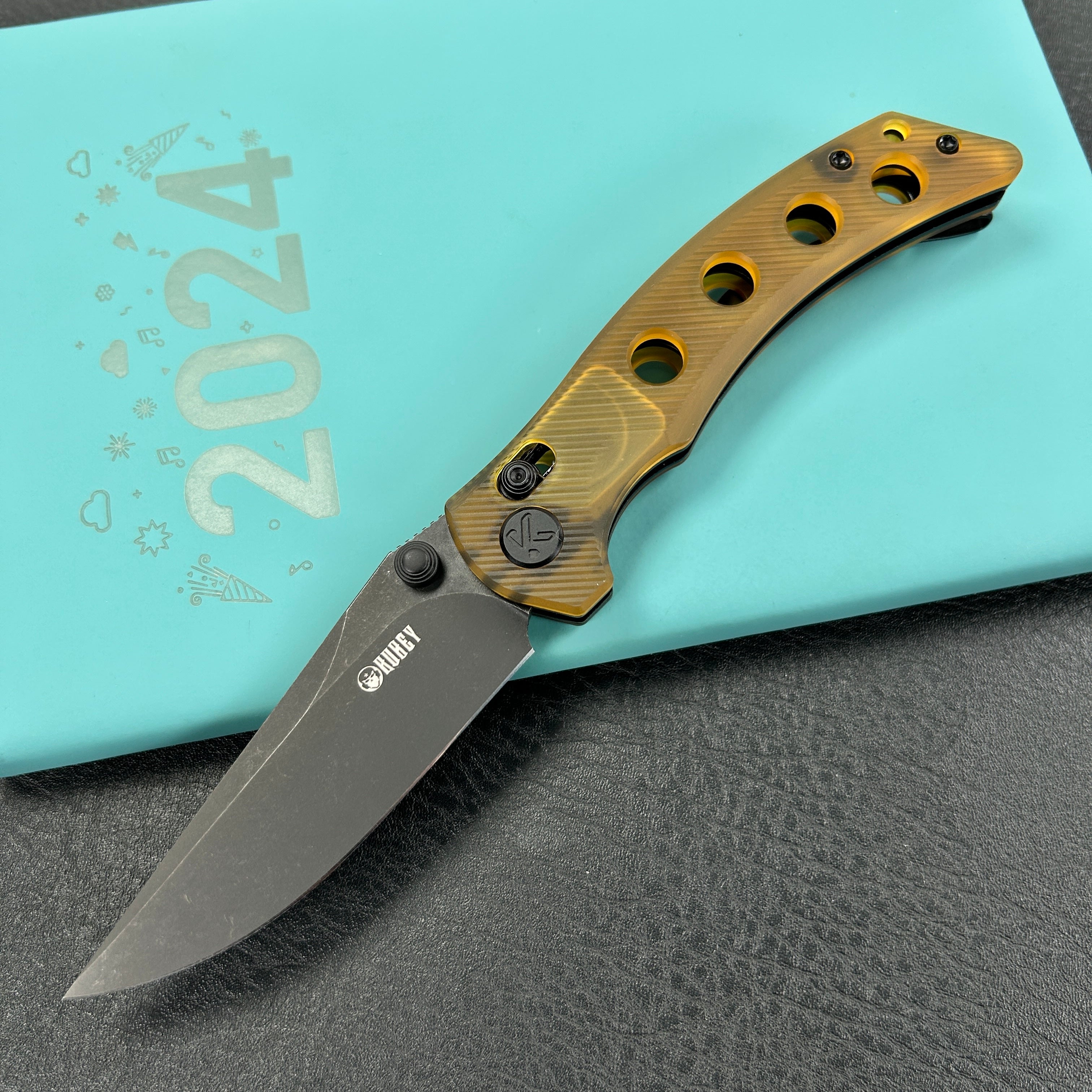KUBEY KU172H Hound Crossbar Lock Folding Pocket Knife Ultem Handle 3.43" Blackwash 14C28N Blade