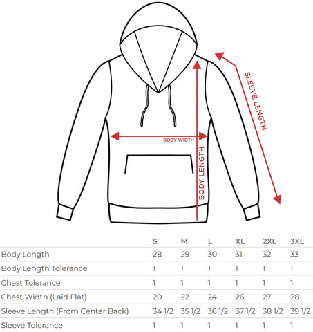 pullover hoodie size chart