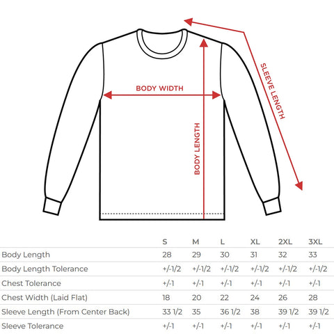 long sleeve tee size chart