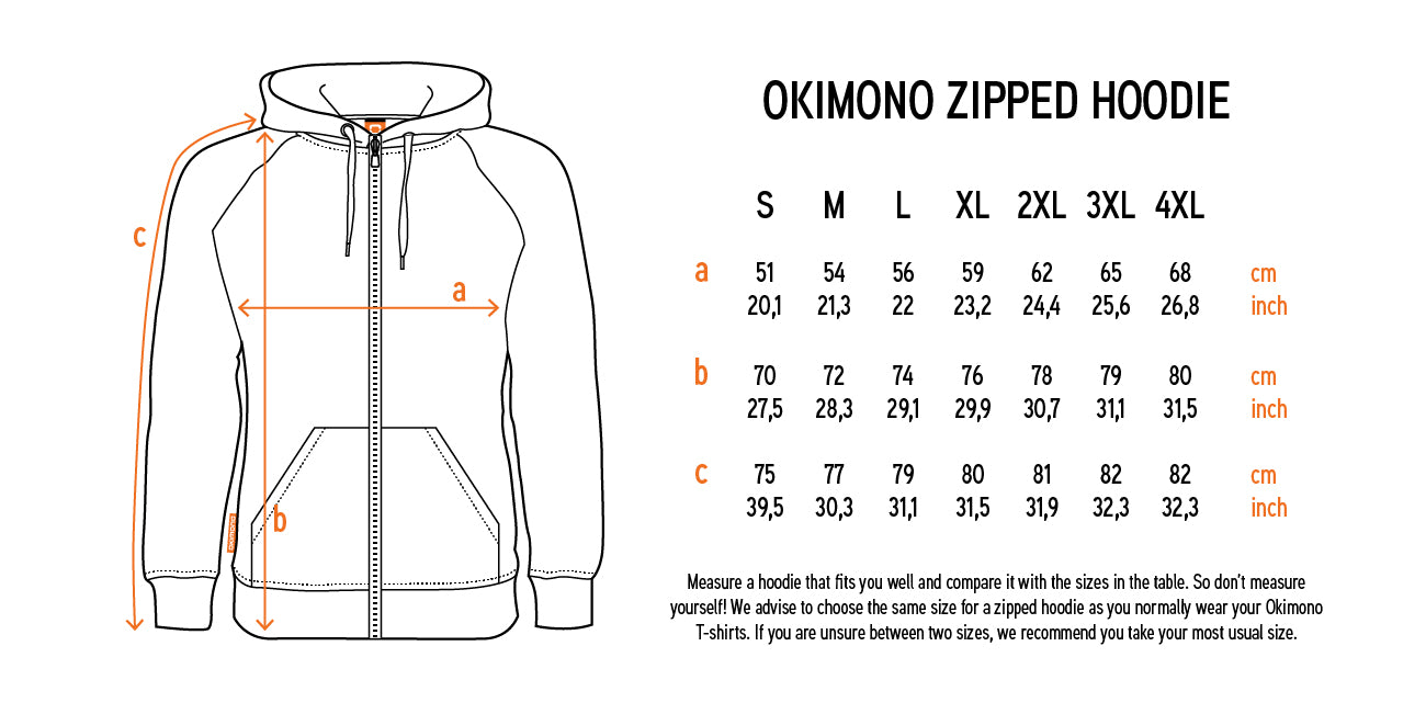 size chart zipped hoodie