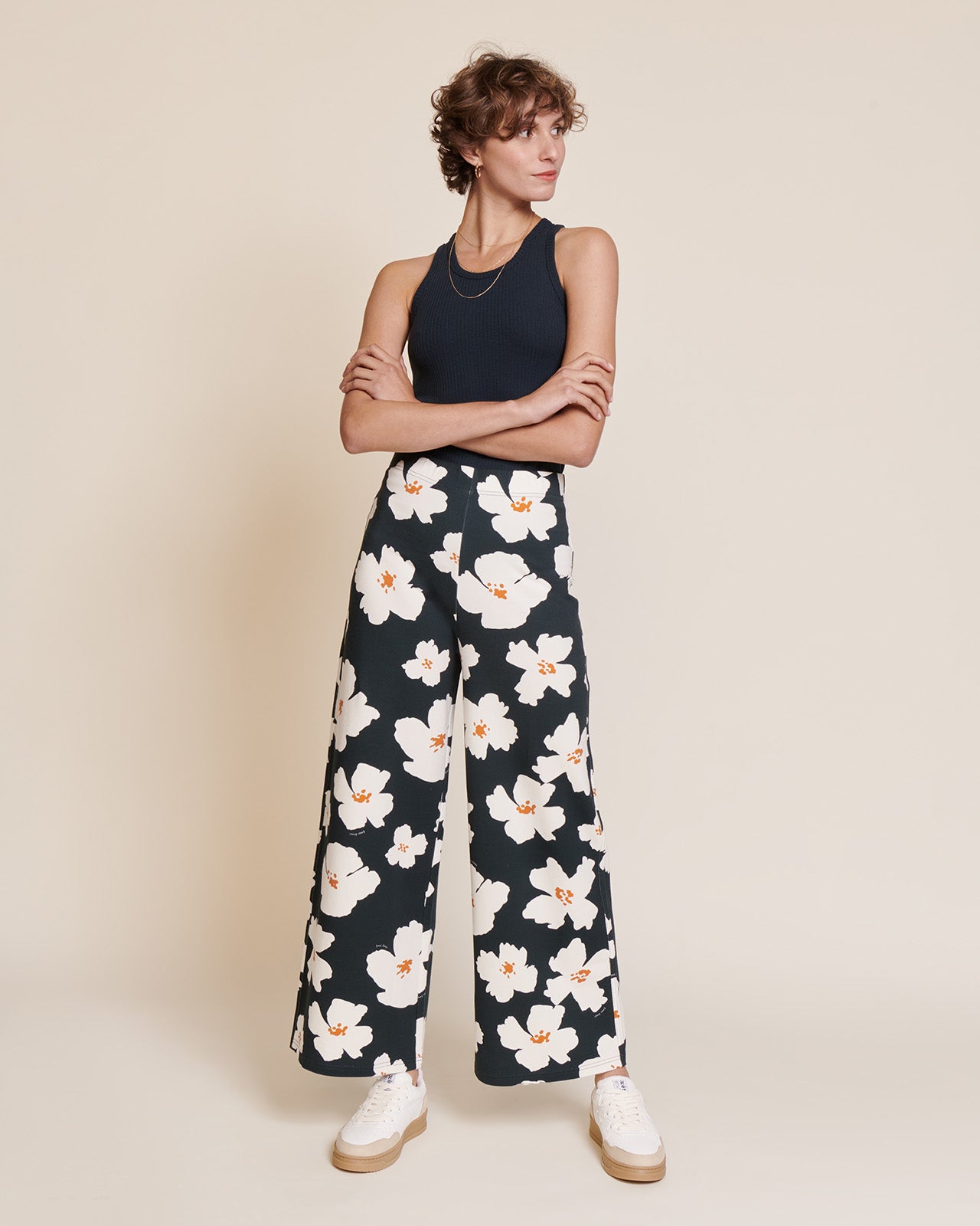 Product image for Le pantalon Pauline en coton bio imprimé - Anémones XL charbon