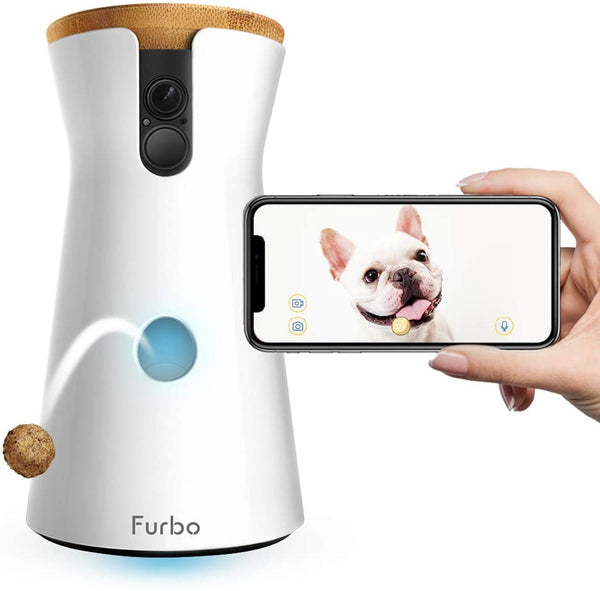 A tall slender dog camera with treat popping out and a mobile phone.