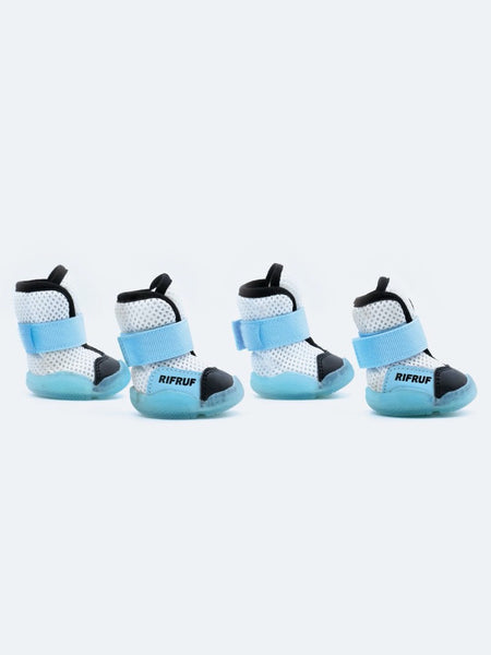 Four light blue and white RIFRUF dog sneakers