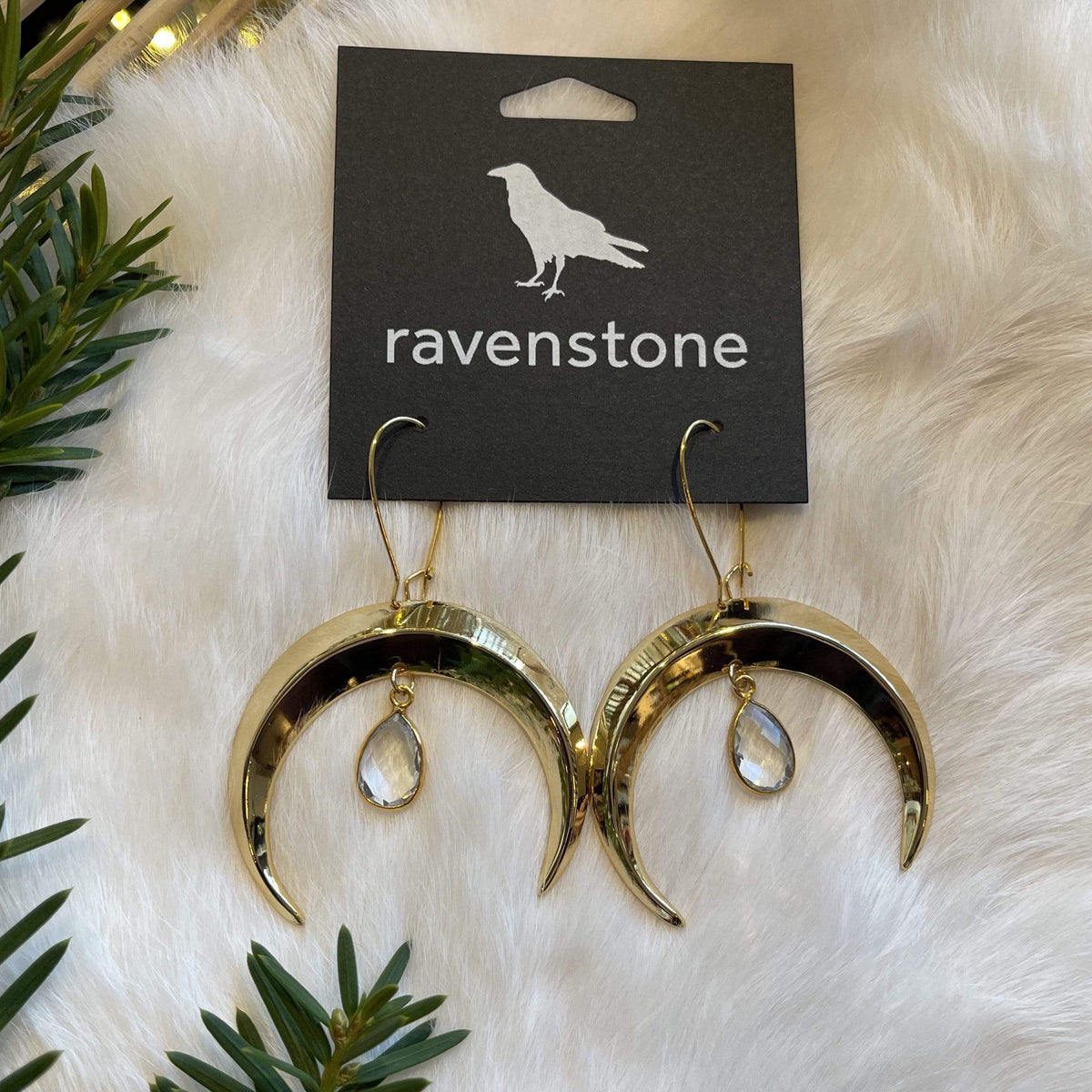 Ravenstone The Golden Moon and Clear Crystal Drop Earrings