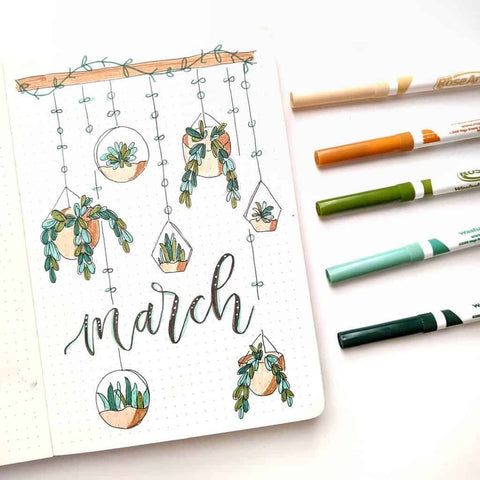 March plant pots bullet journal cover page