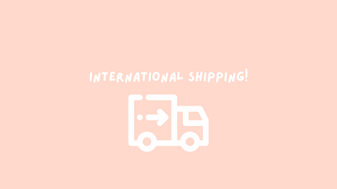 Pink background with white text international shipping
