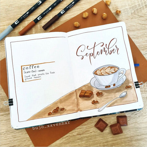 @bujo_xxvenhar September coffee themed bullet journal cover page 