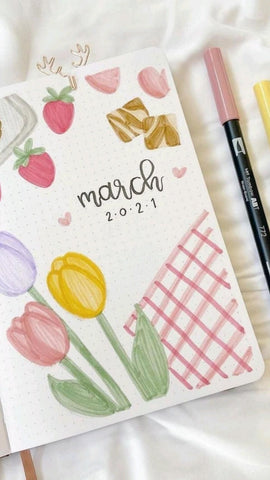March bullet journal spring tulip cover page