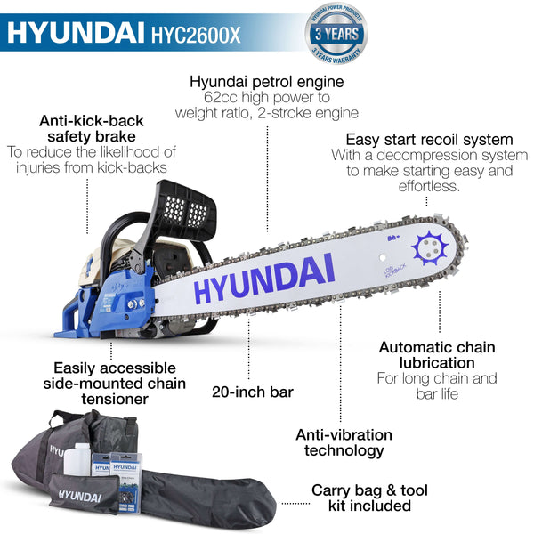 Hyundai 62cc 20” Petrol Chainsaw 2-Stroke Easy Start - HYC6200X 1