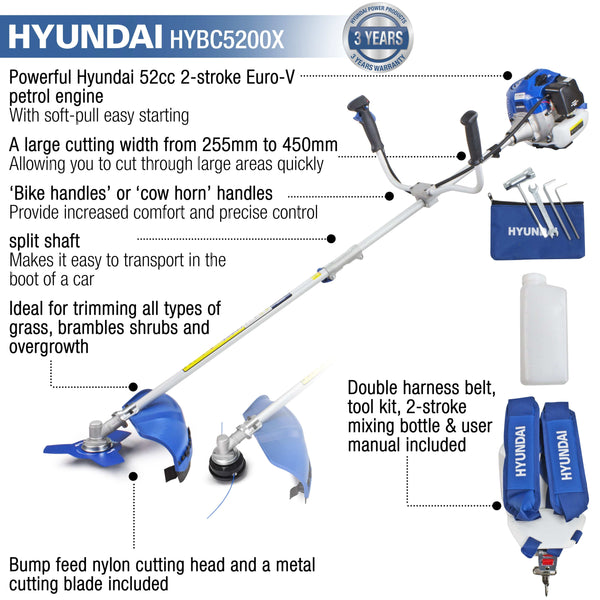 Hyundai 52cc Petrol Grass Trimmer / Strimmer / Brushcutter - HYBC5200X 1