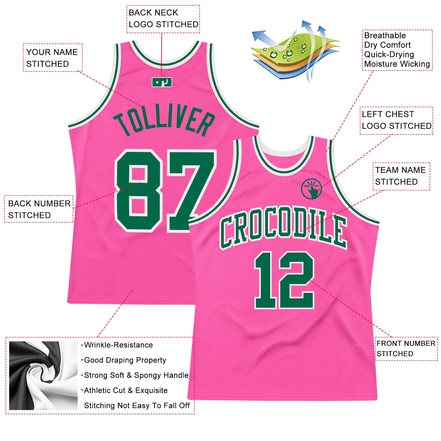 Custom Pink Kelly Green-White Authentic Throwback Basketball