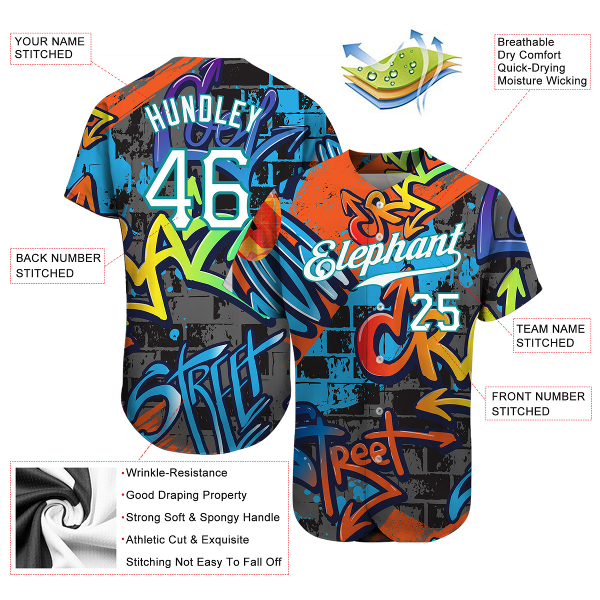 Custom Graffiti Geometric Pattern-White Aqua Authentic Baseball Jersey ...