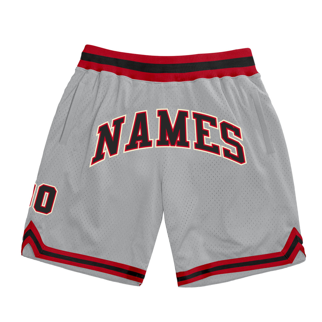 Custom Silver Gray Black-Red Authentic Throwback Basketball Shorts