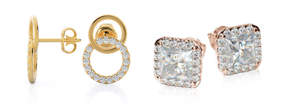 Yellow gold diamond drop stud earrings and Rose gold princess diamond halo studs