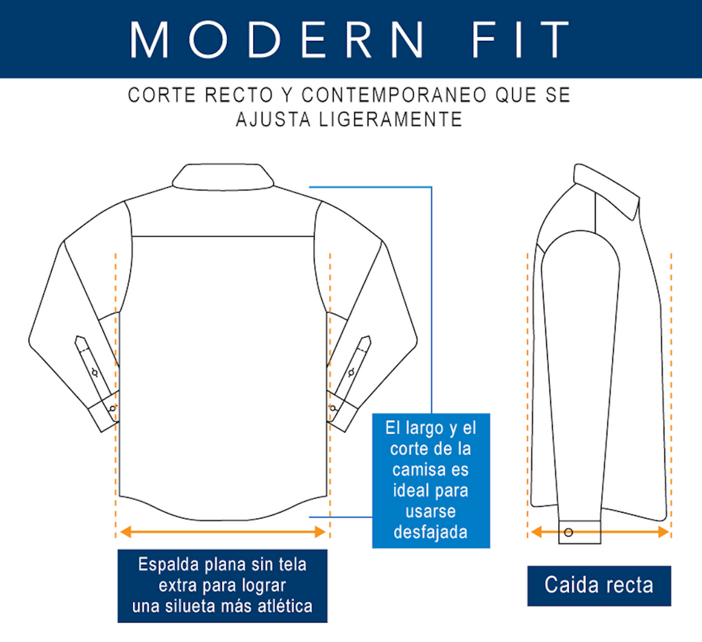 Características camisas modern fit: corte recto y contemporáneo que se ajusta ligeramente