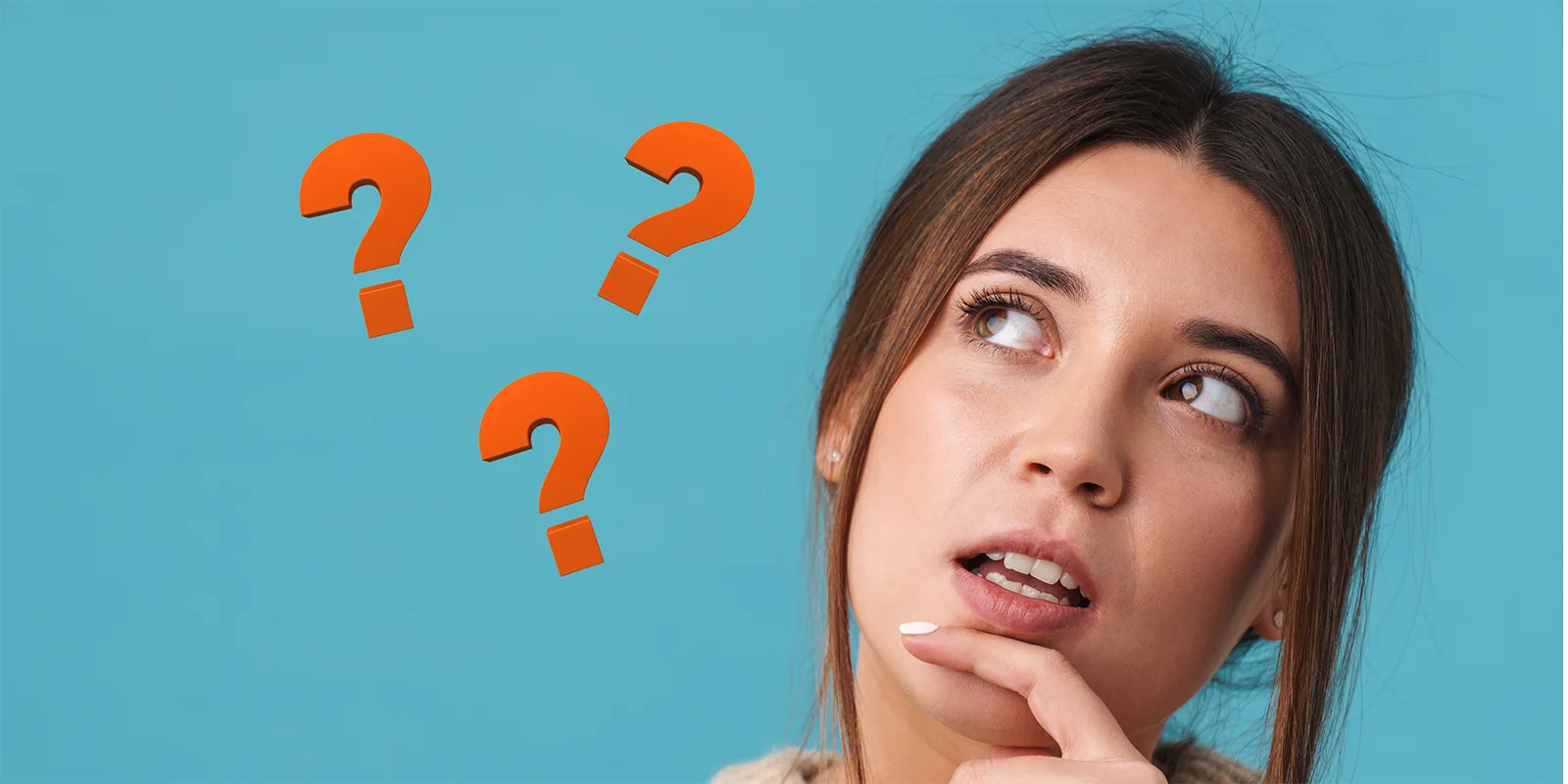 A woman with long brown hair looks upward thoughtfully against a blue background. Three orange question marks hover above her, conveying curiosity.