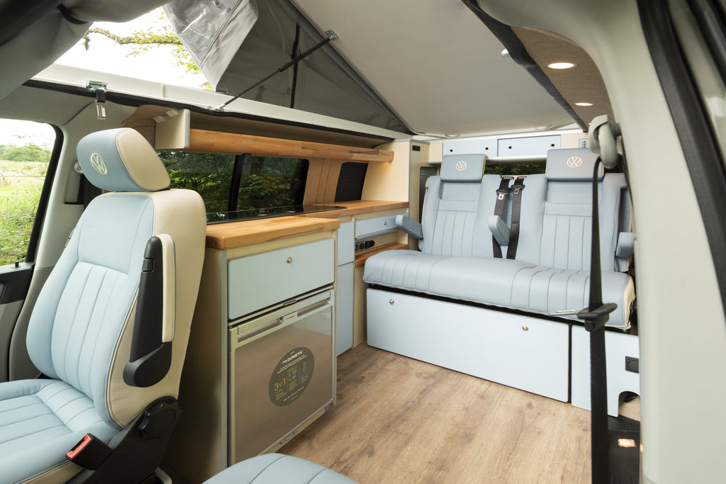 VW Campervan Conversion with blue upholstery from Wildworx camper kitchen