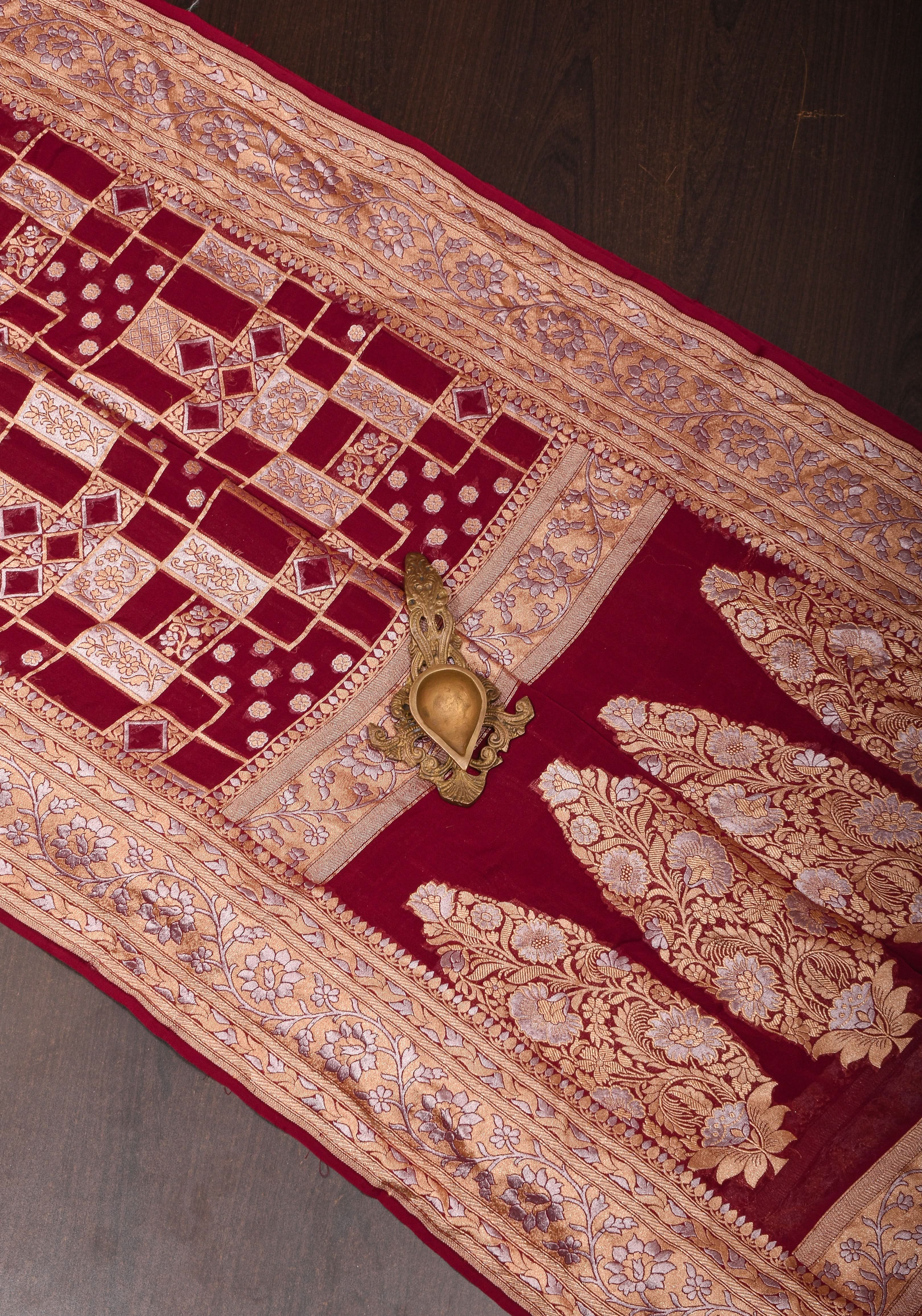 Alfi Sona Rupa Geometric Jaal Pure Silk Georgette Saree in Maroon  | SILK MARK CERTIFIED