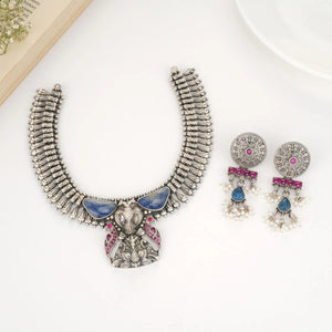 92.5 Silver Aarvi Oxidised Necklace Set - Shobitam