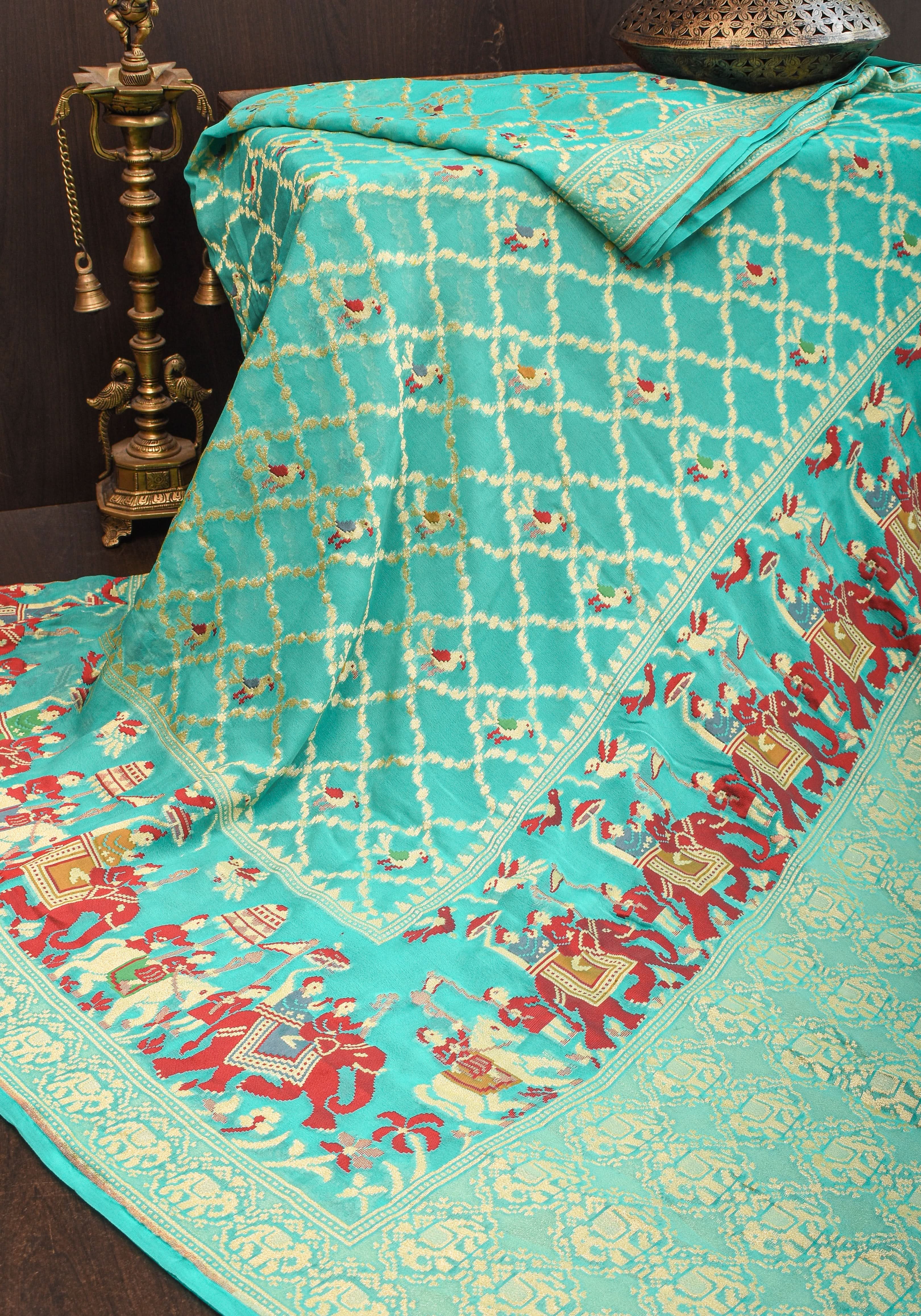 Turquoise Meenakari Pure Silk Georgette Saree with Royal Procession in border | SILK MARK CERTIFIED