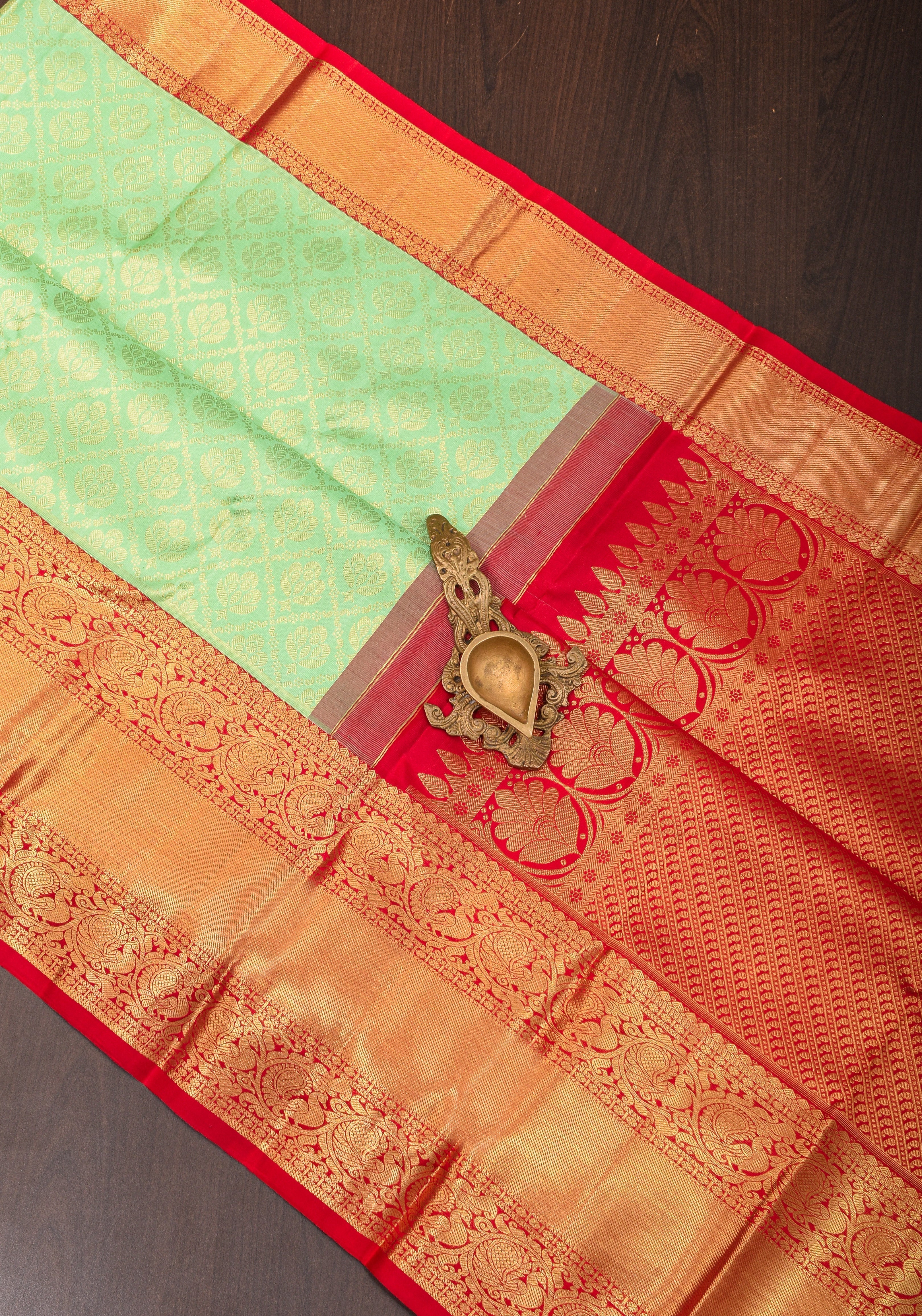 Mint Green Zari Brocade Kanjivaram Silk saree With Contrast Red Border | SILK MARK CERTIFIED