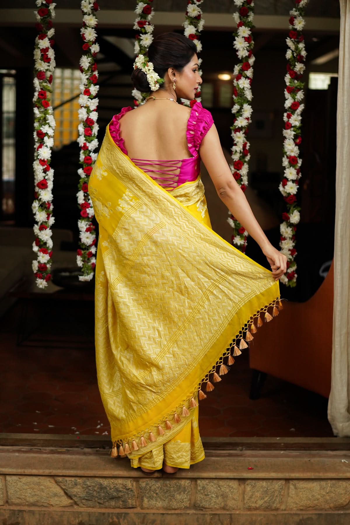 Pure Georgette Silk Banarasi Saree  in Yellow with Rose Jaal Weave in Silver Tone Zari | SILK MARK CERTIFIED