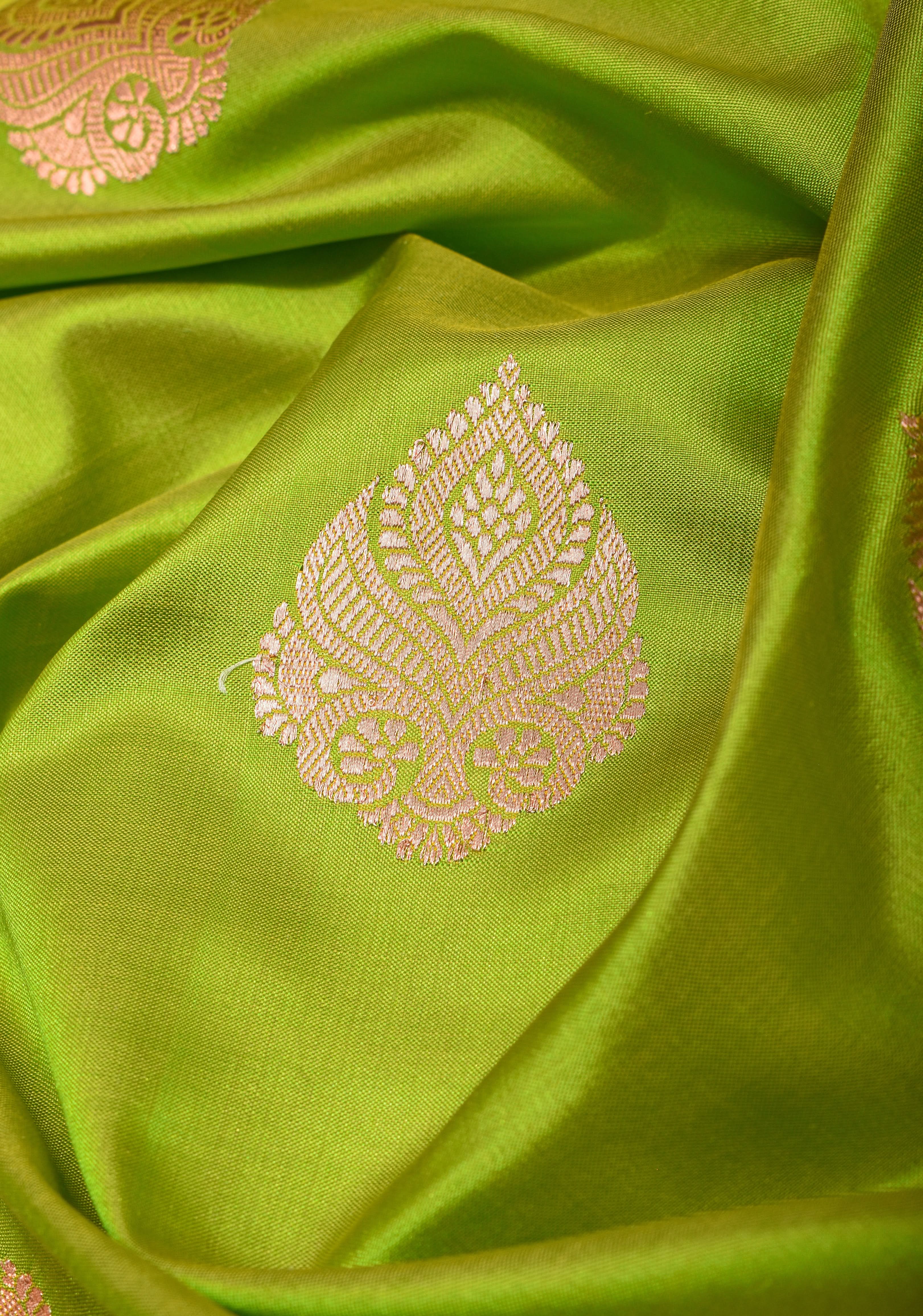 Chartreuse and Purple Banarasi Katan Silk Saree with Zari detailing | SILK MARK CERTIFIED
