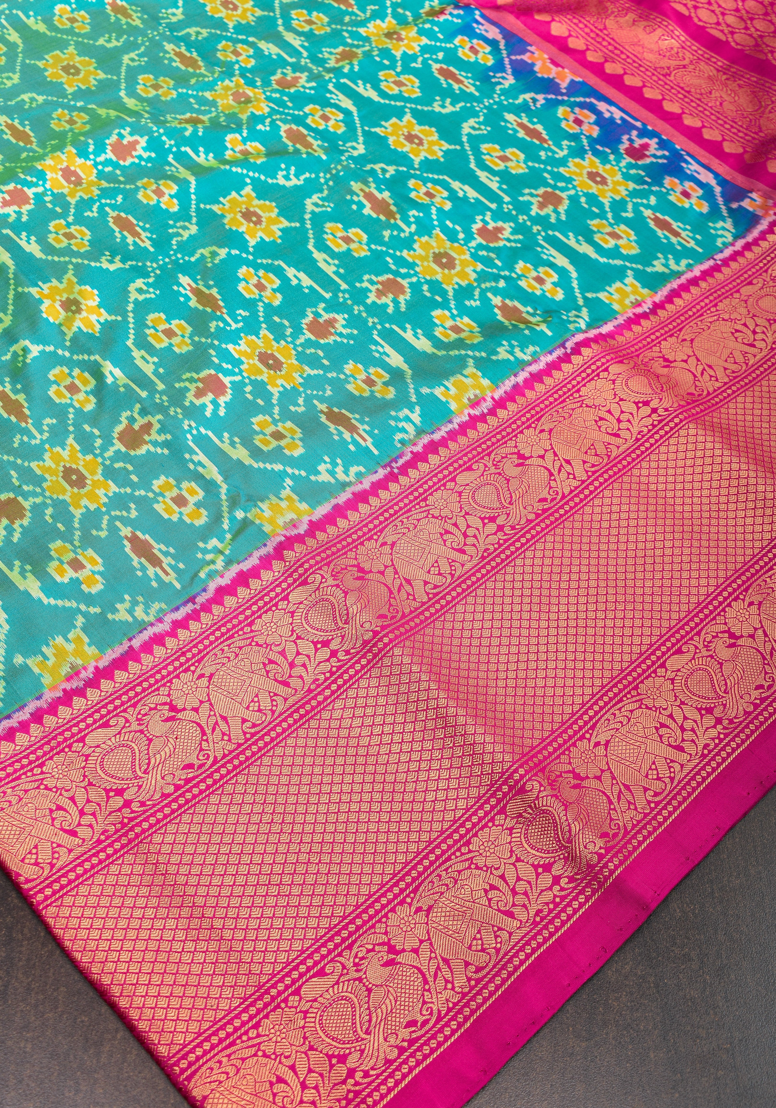 Ikkat Patola  Kanjivaram Fusion Silk Saree in Turquoise Blue & Green dual tone with zari Dark Pink border | SILK MARK CERTIFIED
