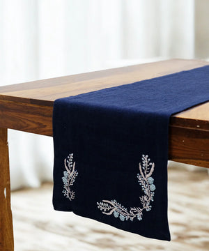 13"x85"  6 Seater Navy Hand Embroidered Pure Linen Dining Table Runner - Shobitam