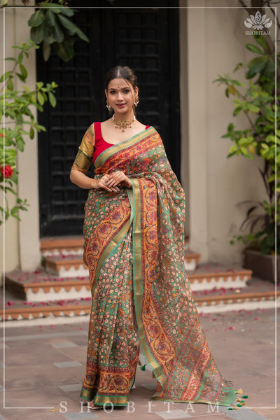 Kalamkari digital print 120 count pure organic linen saree –  www.vannamayil.com