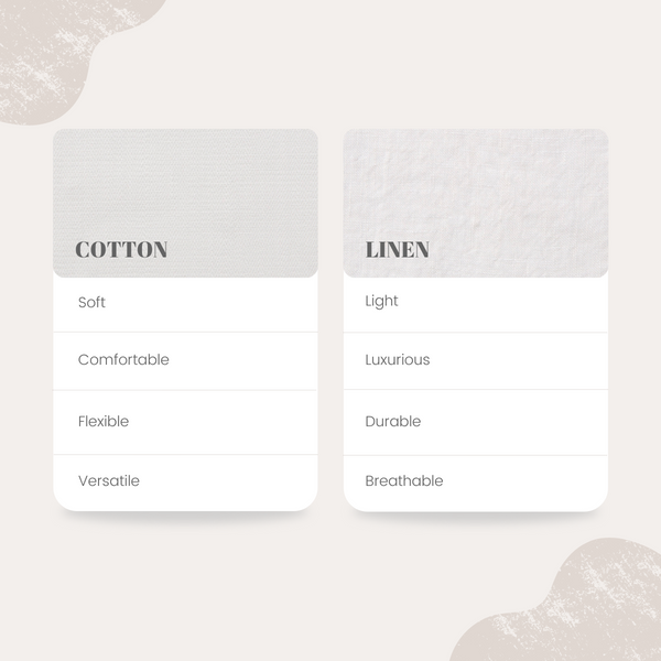 Cotton VS Linen. The differences between Cotton and Linen. Cotton is soft, comfortable, flexible and versatile, while Linen is light, luxurious, durable and breathable.