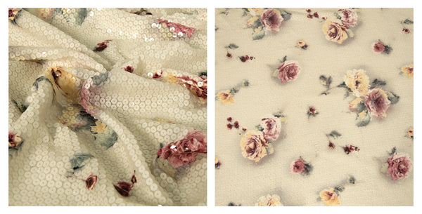 Wrinkled floral printed sequin fabric with the richness of sequin application this fabric results from the combination of a transparent base with a floral print, making it perfect for jackets, cocktail dresses and also outstanding details