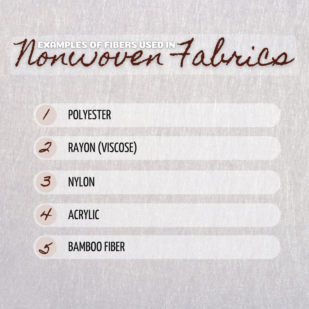 Examples of fibers used in nonwoven fabrics: polyester, rayon (viscose), nylon, acrylic and bamboo fiber.