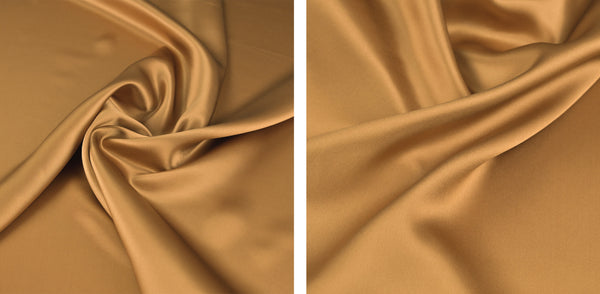 Wrinkled tan beige blouseweight satin silk, perfect for luxurious and elegant garments such as fluid dresses, skirts, blouses and tops.