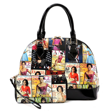 Michelle Obama printed dome satchel handbag with matching wallet-MTBK - AMY n JOEY