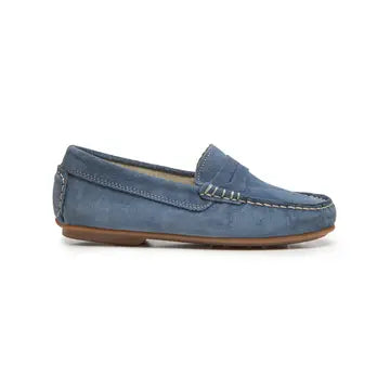 Blue suede penny loafer