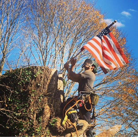 Justin Devasthali holding an American flag by a tree stump.