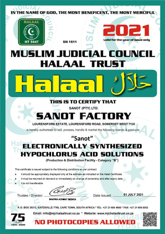 Halaal Halal Muslim Islam Safe Organic Healthy Eco-friendly Non-Toxic Hypochlorous Acid Solution Certification SanOT Disinfectant Sanitising South Africa Online 