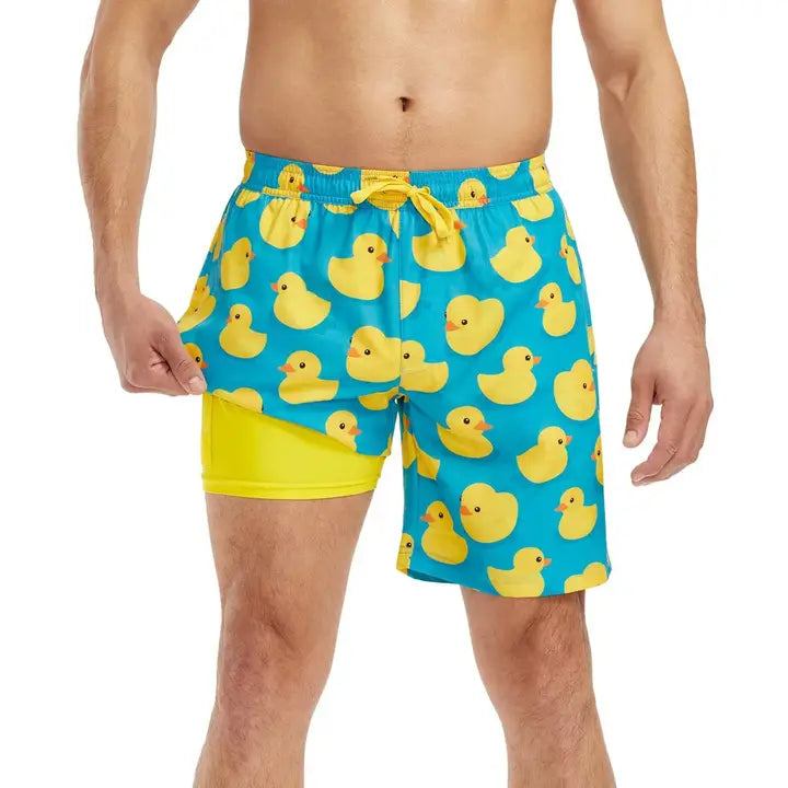 Rubber Ducky Men's Stretch Swim Trunks with Liner Tipsy Elves