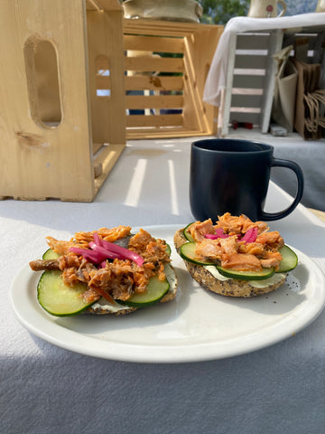 Smoked salmon on a gluten free bagel from The Farm Store in Keremeos