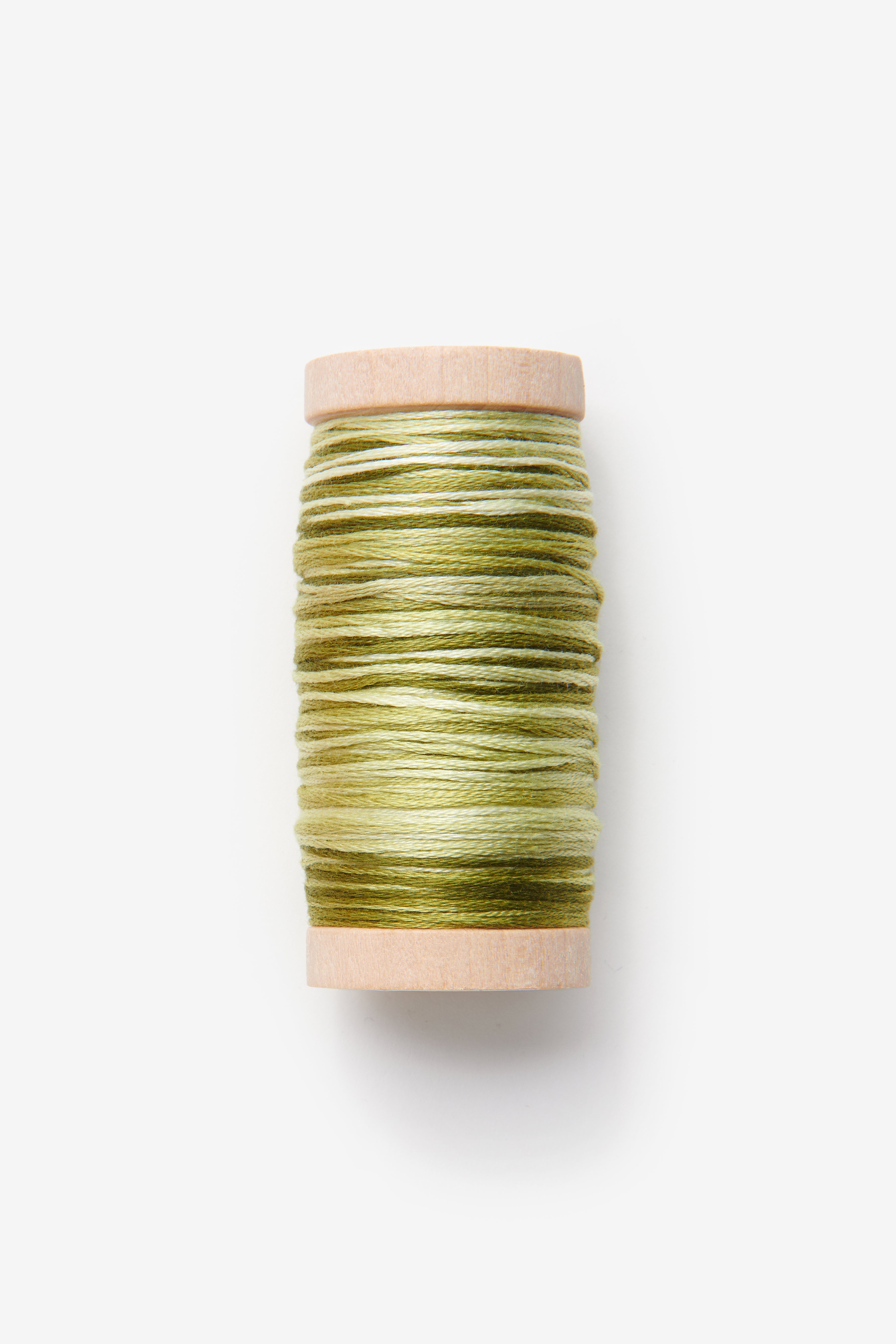 Green variegated embroidery floss on a wooden spool.