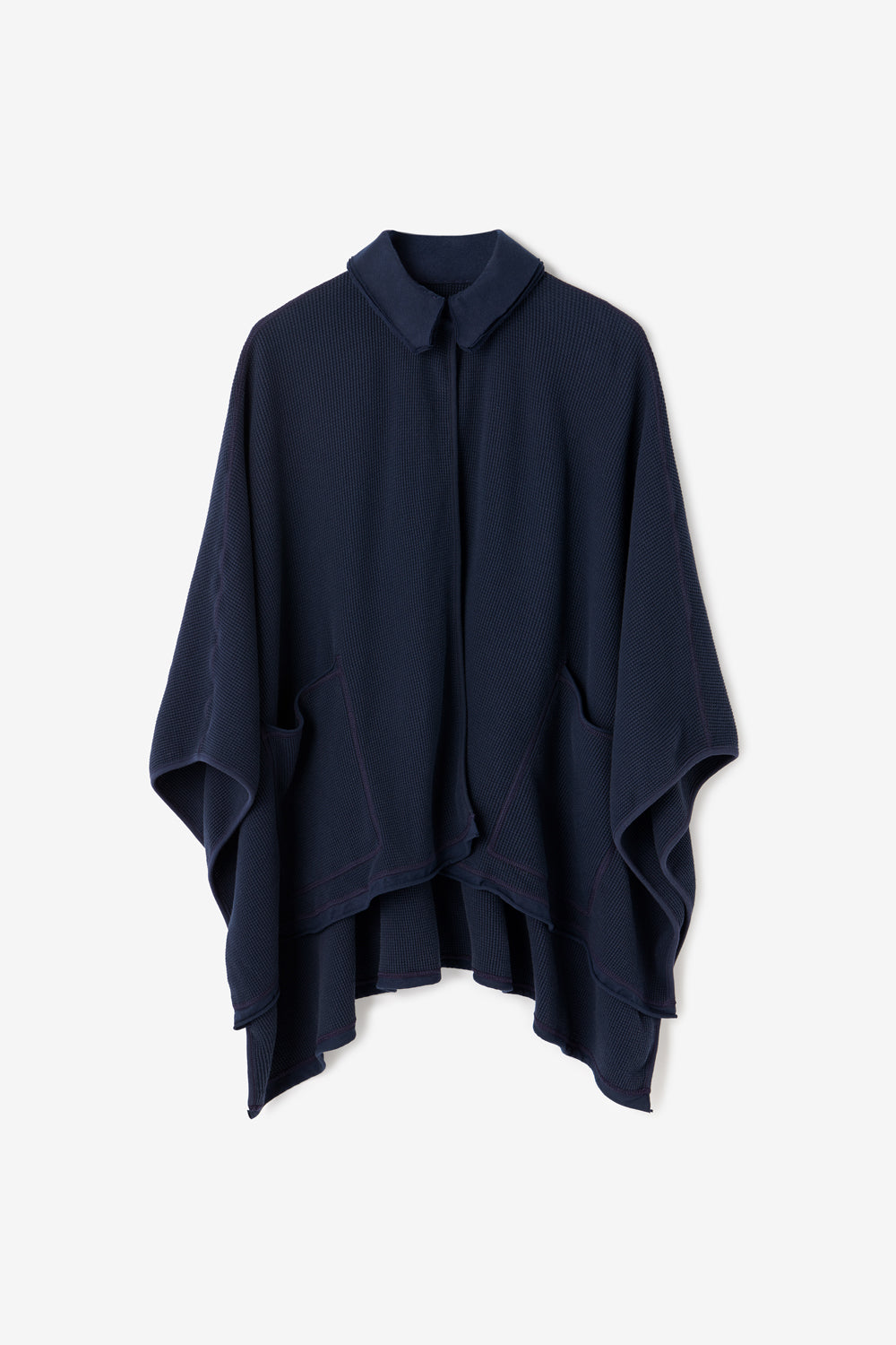 Emerson Waffle Wrap in Navy with layered collar and front pockets.