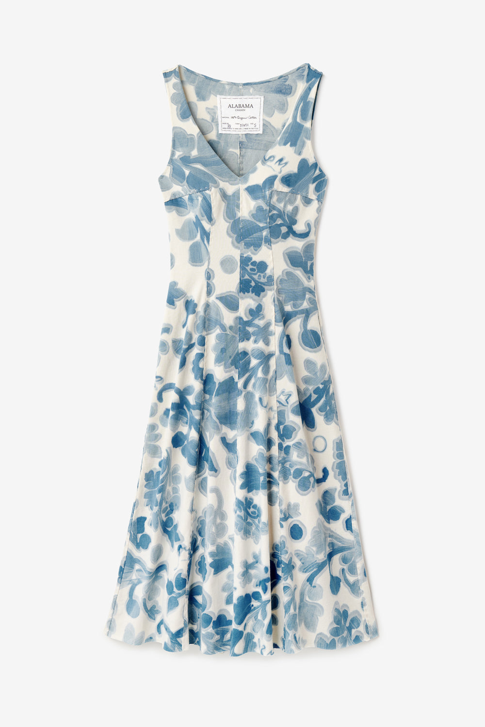 Alabama Chanin Niko Dress featuring hand-sewn seams and painted floral motif. Shown in Natural color with indigo flowers.