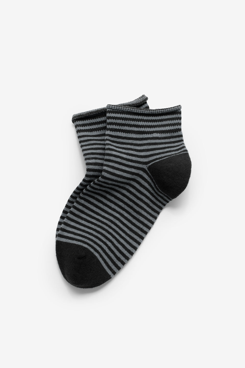 Ankle-length organic cotton socks with black and slate gray stripes.