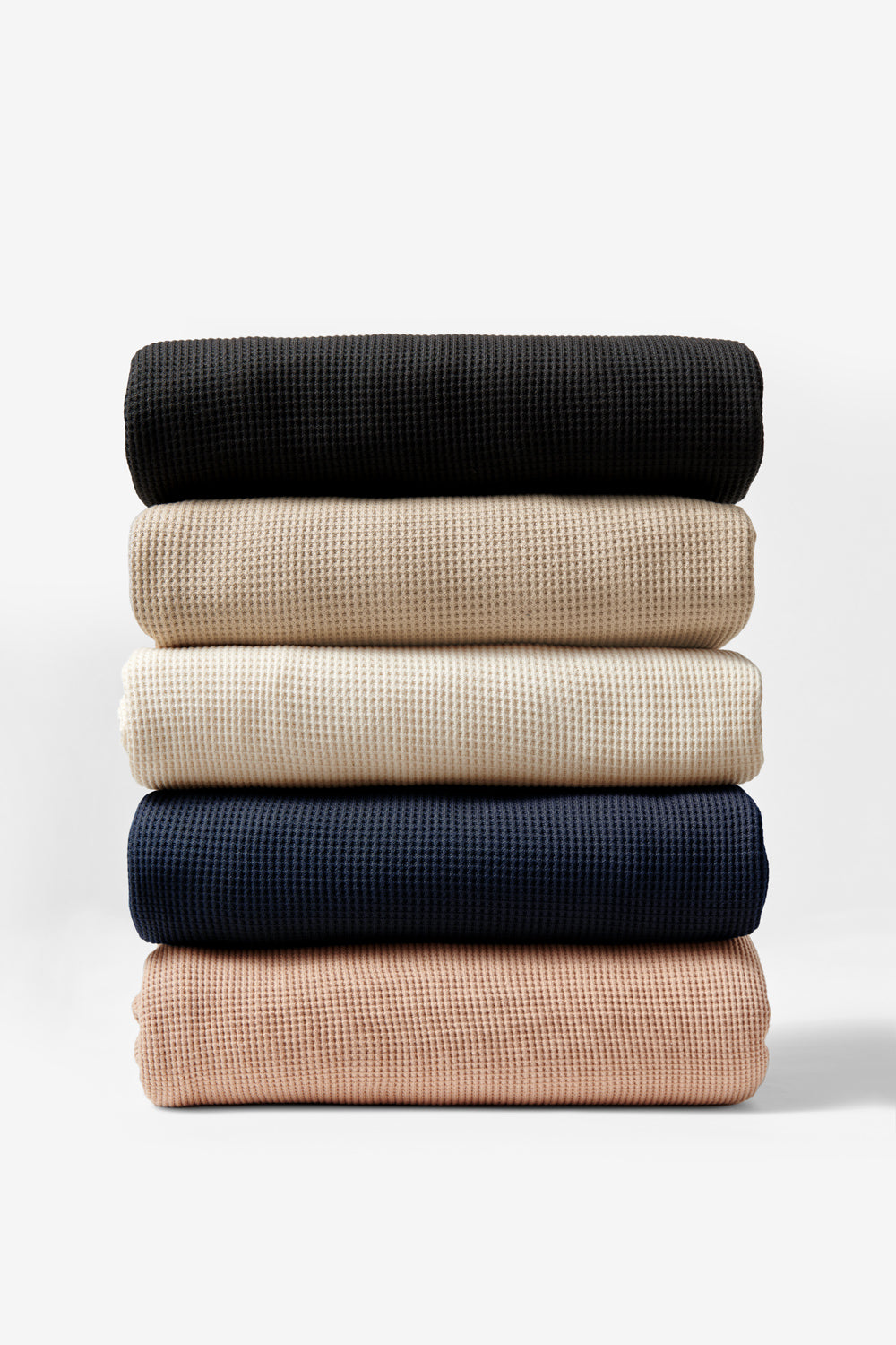 Alabama Chanin Waffle Towels in black, wax, natural, navy, and vetiver. Made with 100% organic soft knit waffle.