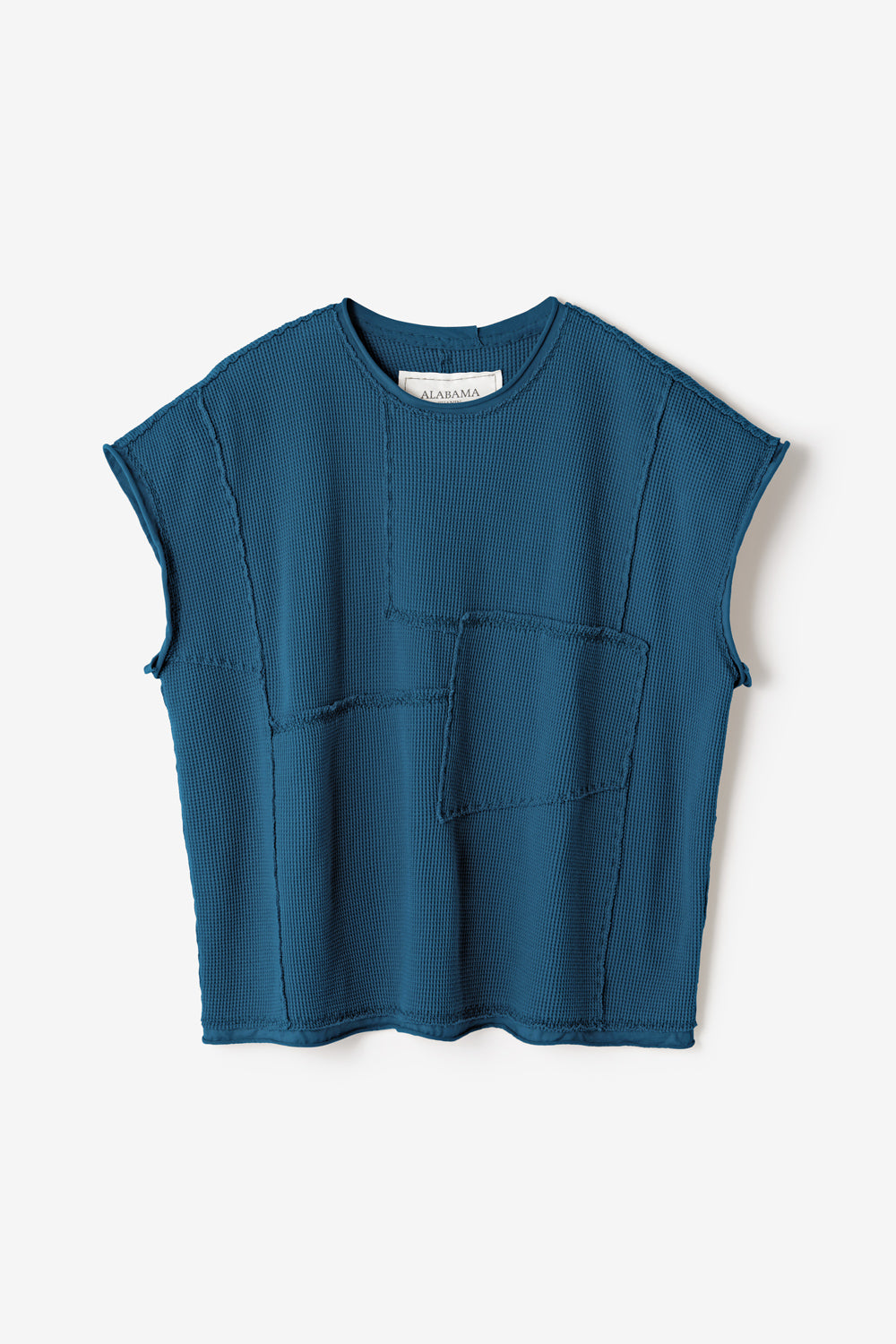 Sleeveless Zero Waste Waffle Crew in Midnight Indigo.